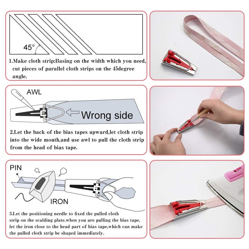BUTUZE Fabric Bias Tape Makers Kit with Sewing Awl, Positioning Pin, Adjustable Binder Clip,Wooden Awl,Foot Press -Practical Bias Tape Maker Set for Sewing/Quilting - Image 5